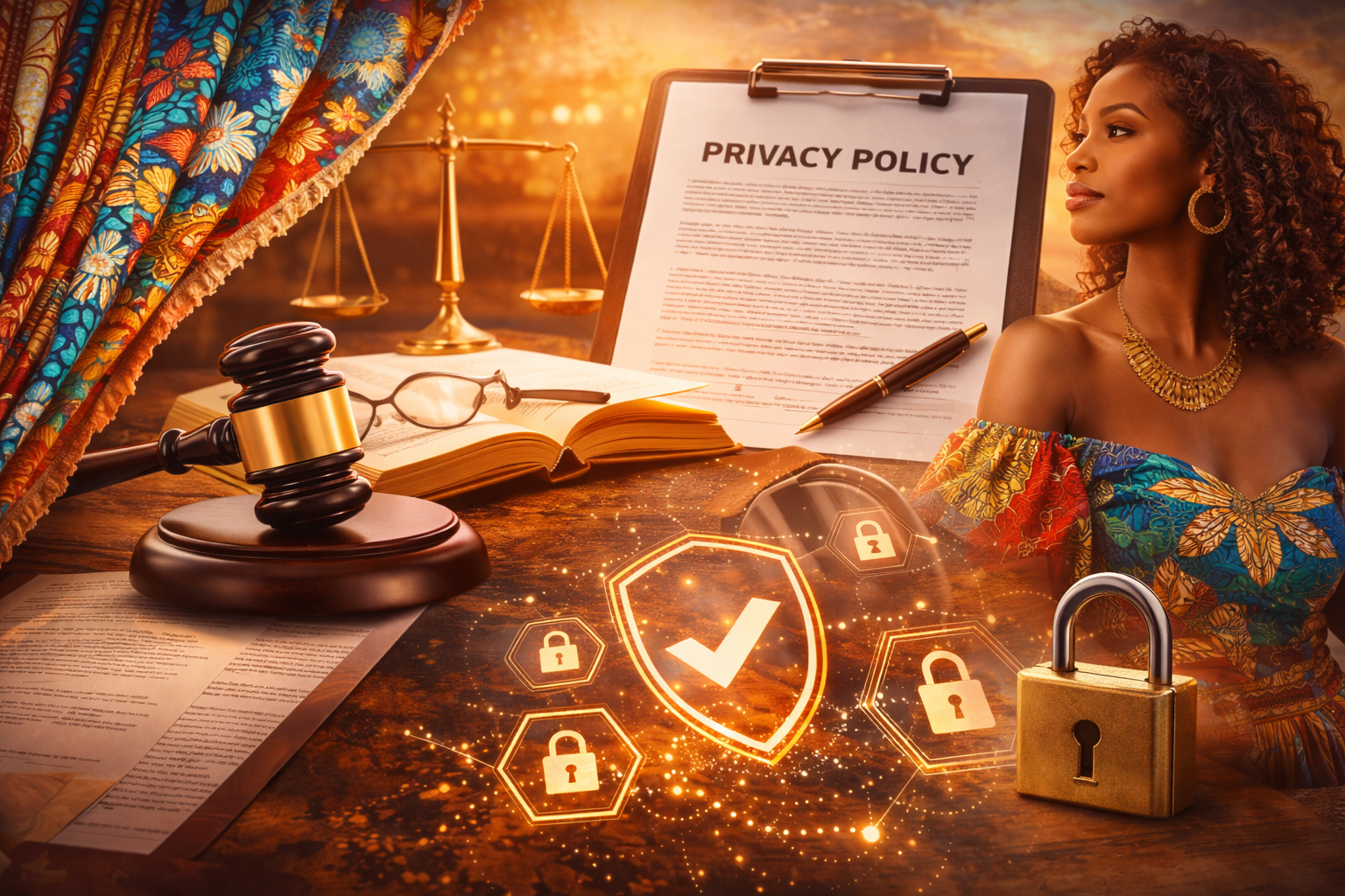 Legal and data protection concept with gavel, privacy policy document, security lock and African textile representing legal pages on Soumare.Media