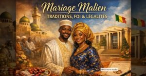 Mariage malien traditionnel religieux civil couple en tenue africaine