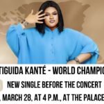 Tiguida Kanté wearing a blue shirt for her single Champion Du Monde