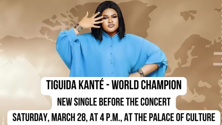 Tiguida Kanté wearing a blue shirt for her single Champion Du Monde